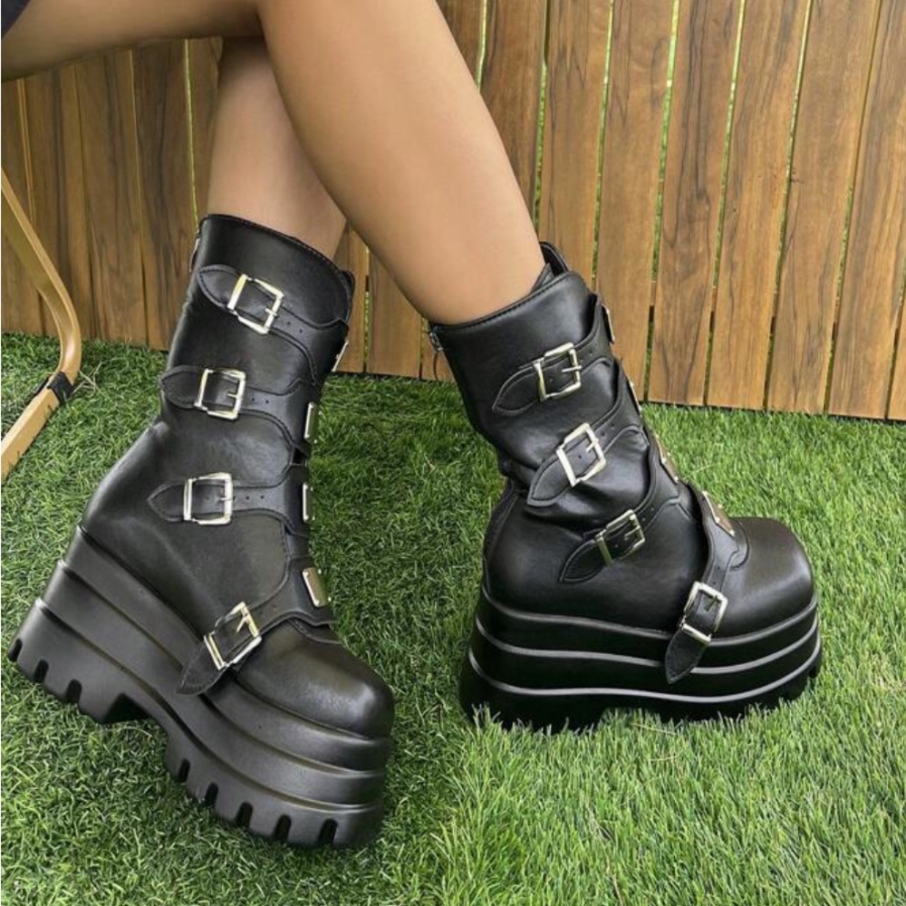 Women Buckle Decor Wedge Boots, Punk Black Wedge Boots